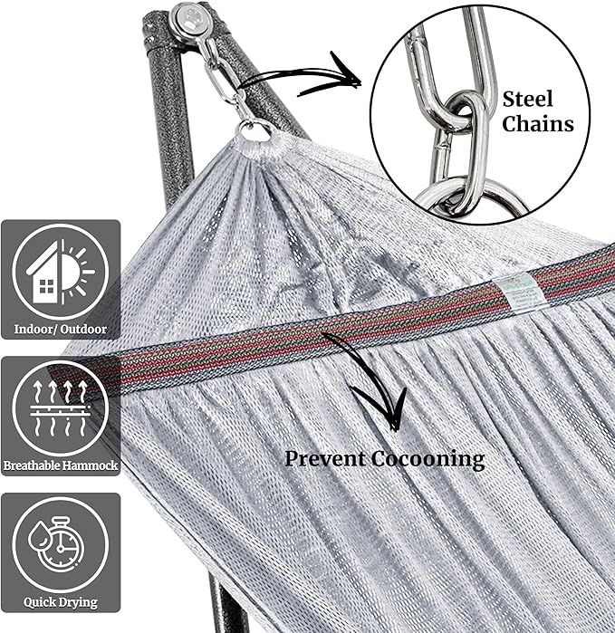 Tranquillo Universal Double Hammock with Stand Included for 2 Persons/Foldable Hammock Stand 600 lbs Capacity Portable Case - Inhouse Outdoor Camping Grey