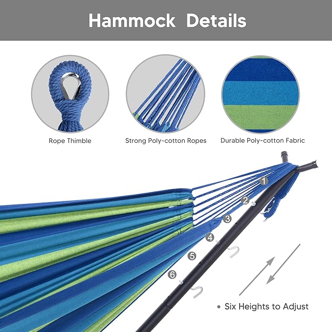 SUNCREAT 2-in-1 Hammocks Hammock Chair with Stand 475 lbs Capacity Heavy Duty Two Person Hammock with Stand Patented Blue Stripe