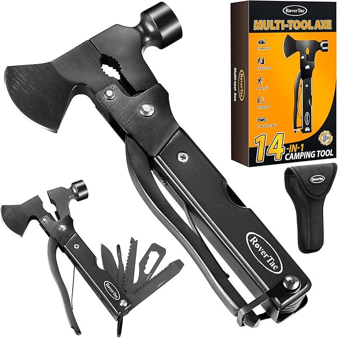 RoverTac 14-in-1 Multitool Camping Axe – Multi Tool with Knife Hammer Saw Screwdrivers Bottle Opener – Camping Tool with Sheath – Tool Gifts for Men Dad Husband and Outdoor Enthusiasts.