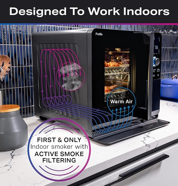 GE Profile™ Smart Indoor Pellet Smoker with Active Smoke Filtration 5 Smoke Control Settings WiFi Connected Electric Countertop BBQ Appliance Black