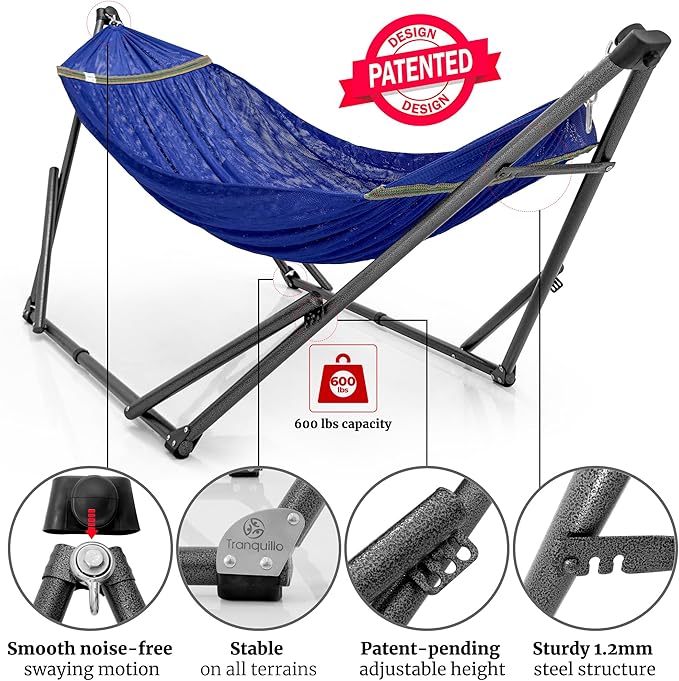 Tranquillo Combo x2 Hammocks with Stand for Outside &amp Tree Straps Heavy Duty Hammock with Stand 600lbs for Indoor Outdoor Patio Backyard x2 Hammocks for 2 Person (Combo - Blue Medium)