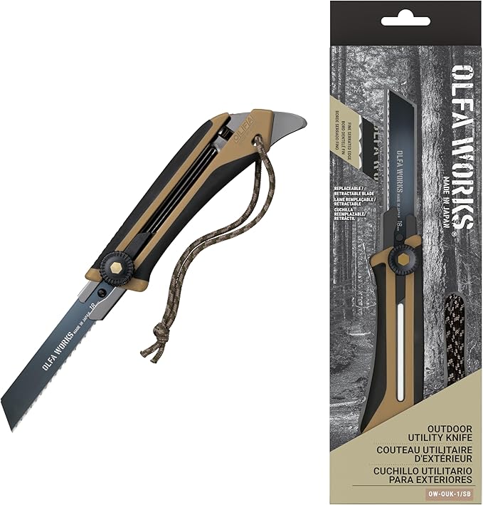 OLFA WORKS OW-OUK-1/SB Outdoor Knife Fine Serrated Edge Blade for Confident Cutting - Multi Purpose Outdoor Knife Designed to Handle Slippery Materials like Rope Plastic and Canvas - Ratchet-wheel