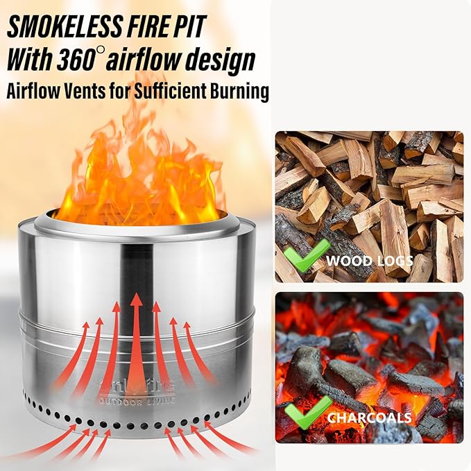 ONLYFIRE OUTDOOR LIVING Wood Burning Fire Pit with Carrying Bag 19.5” Detachable Portable Firepit for Camping Tailgating Patio Backyard Bonfire Smokeless Fireplace Stainless Steel FP036