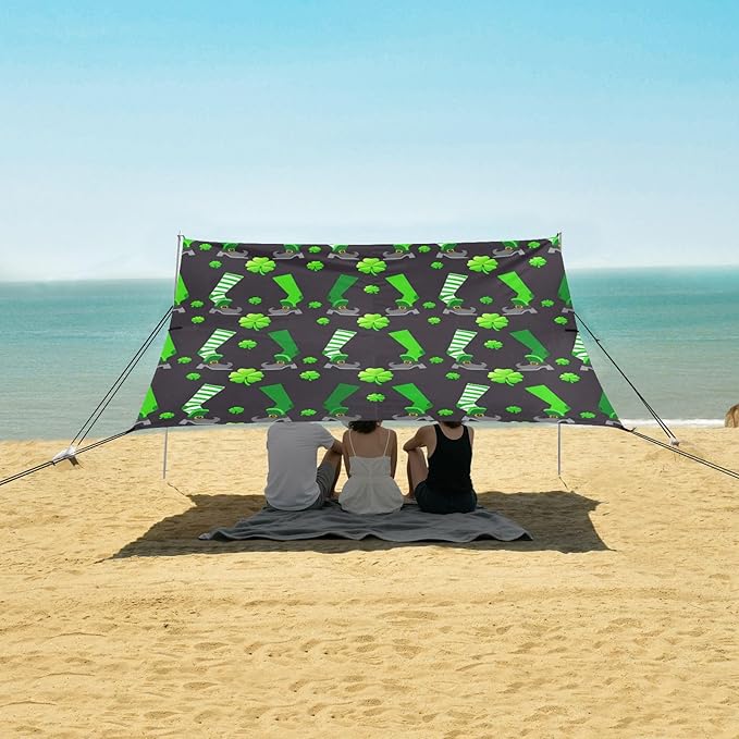 Beach Canopy with Windproof Ropes &amp Sandbags Beach Tent Sun Shade Sun Shelter for Camping Trips Fishing Backyard Fun or Picnics St. Patrick's Day