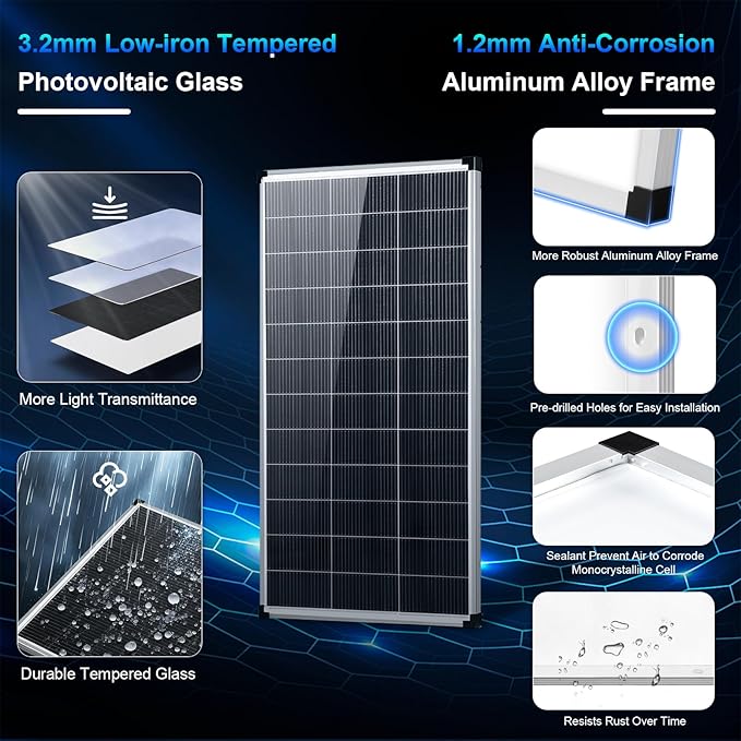 200 Watt Solar Panel18BB N-Type A+ Monocrystalline Cell 25% High Efficiency 12V IP68 Waterproof Solar Panel for Rooftop RV Farm Trailer Marine Home Off-Grid System (Silver 200W)