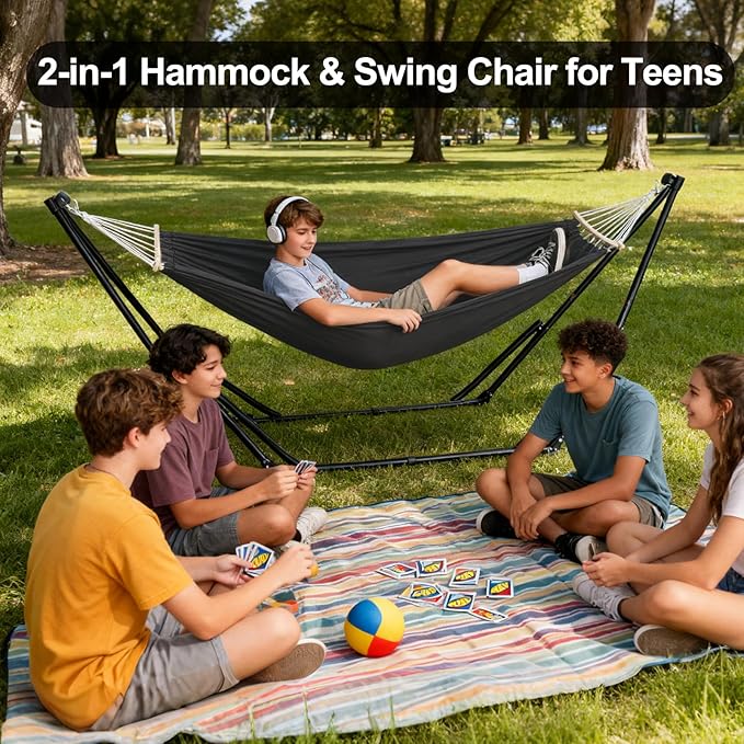 2-in-1 Hammock &amp Swing Chair for Teens – Adjustable Folding Chair with Collapsible Steel Stand Portable for Camping Travel Patio &amp Indoor Use Includes Carrying Case Supports 440 LBS