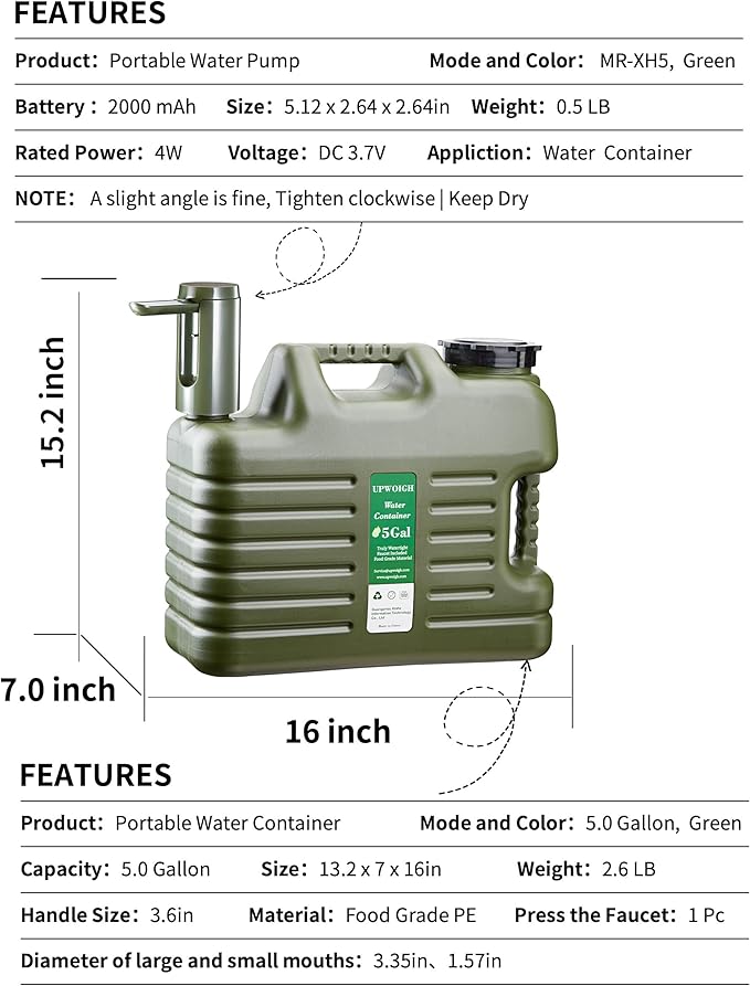 Portable 5 Gallon Water Jug with Automatic Touch Control PumpTruly No Leakage Water Container with SpigotType-C Rechargeable Military Green Water Pump Gear for Outdoors Camping Hiking