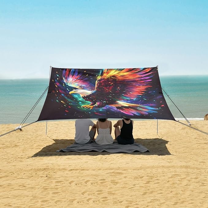 ALAZA Bald Eagle Beach Tent Sun Shelter UPF50+ Protection Beach Shade Canopy w/ 4 Sandbags for Outdoor Camping Fishing Backyard Fun Picnic 10x9 ft