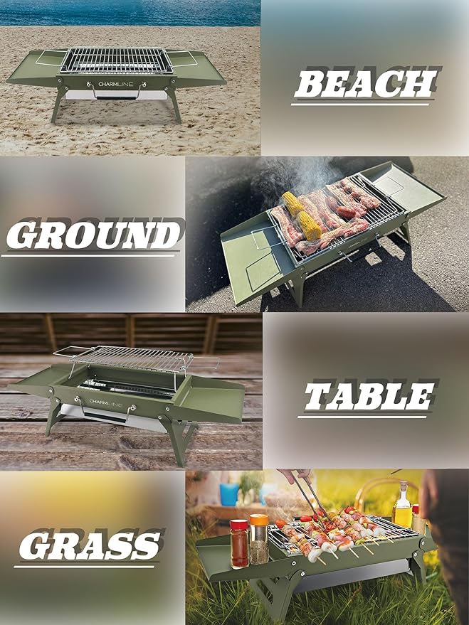 Charmline 20 x 14 inches Large Foldable Portable Charcoal BBQ Grill Camping BBQ Grill for 3–5 People Ideal for Camping Garden Beach Picnic &amp Tabletop Use Green