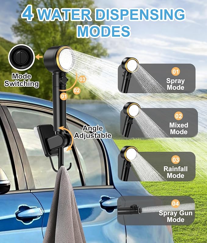 WADEO Portable Shower for Camping 8000mAh Rechargeable Camping Shower Pump with 5 Pressure Levels Fahrenheit Display IPX8 Waterproof for Outdoor Camping Travel Car Washing Pet Bathing