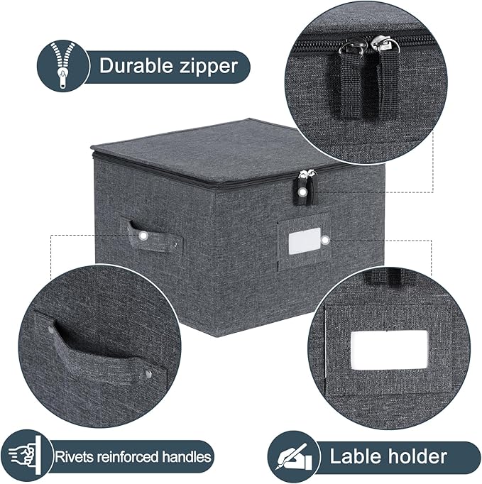 popoly China Storage Containers Hard Shell Inside 12 W x 8 H Dinner Plate Storage Containers for Dishes Dinnerware with 24 Felt Dividers Hold 24 Plates Stackable (2 Pack Grey)