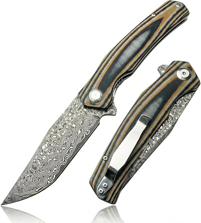 Damascus Steel Folding Pocket Knife 3.74 VG10 Blade for Men and Women Two-Tone G10 Handle EDC Knife with Liner Lock for Outdoor Survival Camping Collection Hunting