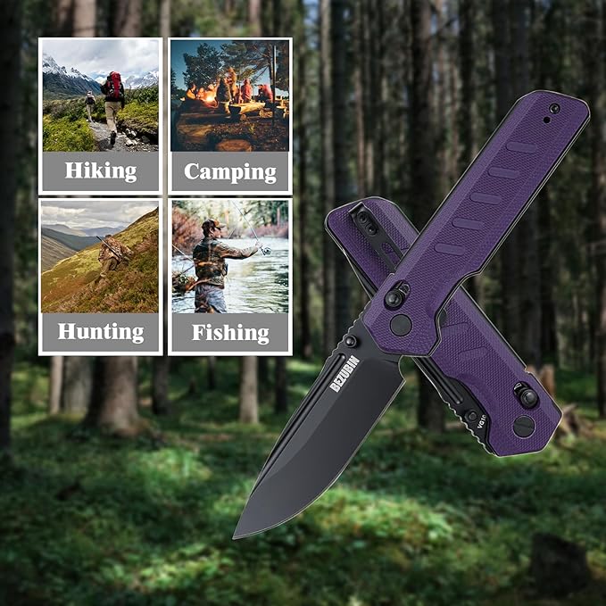 UBIN Folding Pocket Knife 3.25 VG10 Blade EDC Folding Knife with Safety Axis Lock Purple G10 Handle Hunting Camping Knife with Thumb Stud Opener