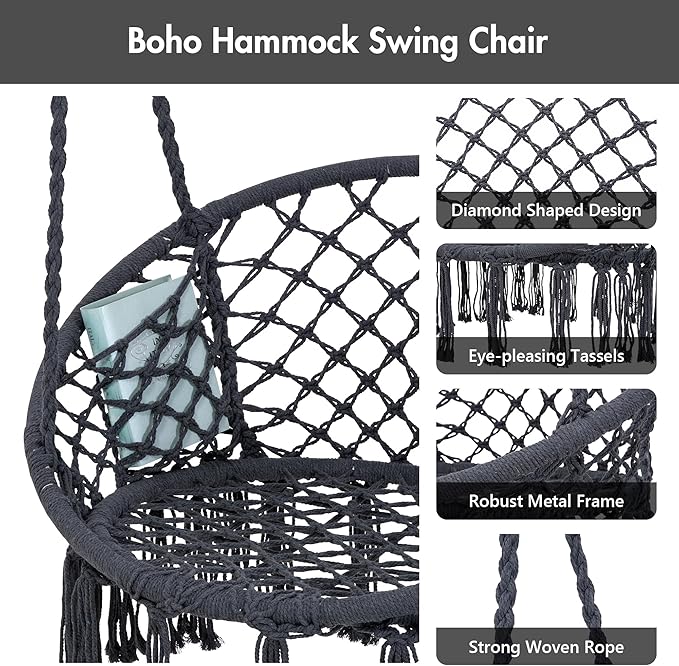 ANOW Hanging Swing Chair with Stand Included Heavy Duty Hammock Chair with Stand and Removable Padded Cushion Max 400 Lbs Dark Grey