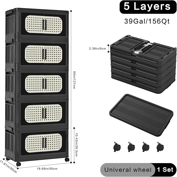 5 Tiers Stackable Storage Bin with Doors and Wheels Collapsible Storage Containers &amp Closet Organizer Bins for Clothes Magnetic Door Heavy Duty Plastic (Black)