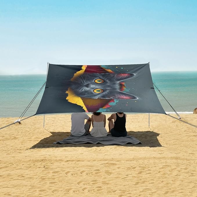 ALAZA 3D Black Cat Beach Tent Sun Shelter UPF50+ Protection Beach Shade Canopy w/ 4 Sandbags for Outdoor Camping Fishing Backyard Fun Picnic 10x9 ft