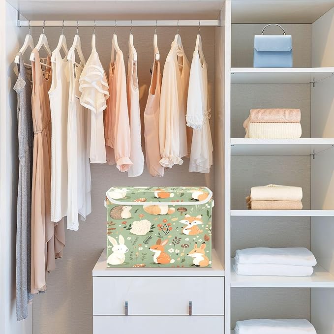 Woodland Animal Storage Box with Lid and Handles Large Collapsible Fabric Storage Basket Closet Organizer Bin Woodland Animal Basket for Nursery Bedroom Office