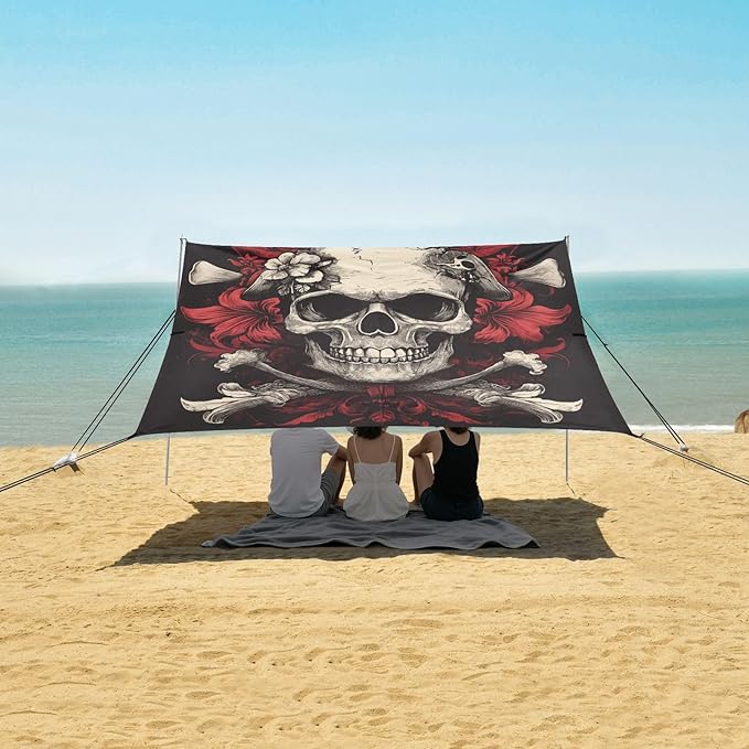 ALAZA Skull Pirates with Red Floral Ornament Beach Tent Sun Shelter Portable Canopy Sunshade for Outdoor Camping Picnics Backyard Fun 10x9 ft