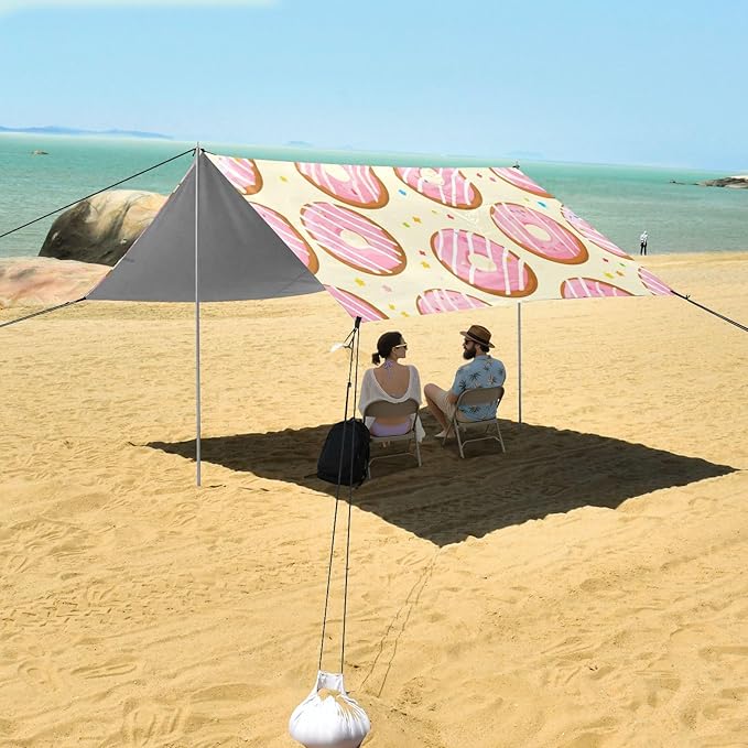 xigua Donut Beach Tent Sun Shelter with Carrying Bag - Silver Coated Oxford Fabric Beach Canopy for Beach Camping Fishing - Includes Windproof Ropes Sandbags &amp Stakes