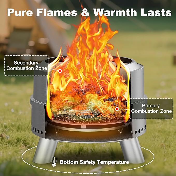 Smokeless Fire Pit with Waterproof Bag 20 Inch Stainless Steel Fire Pits for Outside Wood Burning Smokeless Firepit Outdoor Bonfire Removable Ash Pan Portable for Camping Backyard