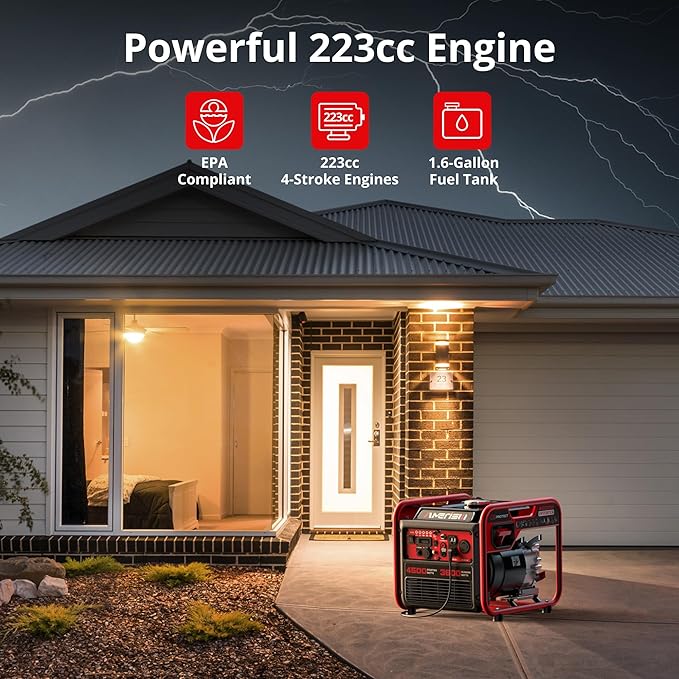 Portable 4500W Gas-Powered Inverter Generator with CO Sensor Lightweight Quiet and EPA-Compliant for Home Emergency Backup and Camping