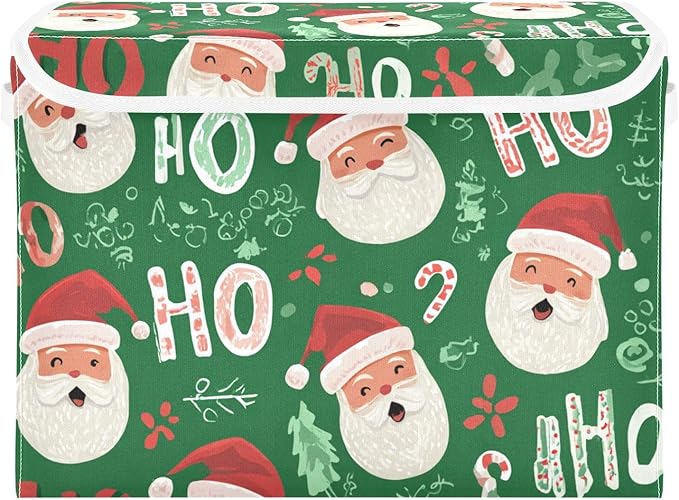 Christmas Santa Claus Green Storage Box with Lid 1 PC Foldable Storage Bin with Lids Stackable Storage Bins Cube Closet Organizer Basket with Flip-Top Lid &amp Handles for Shoes Books Towels