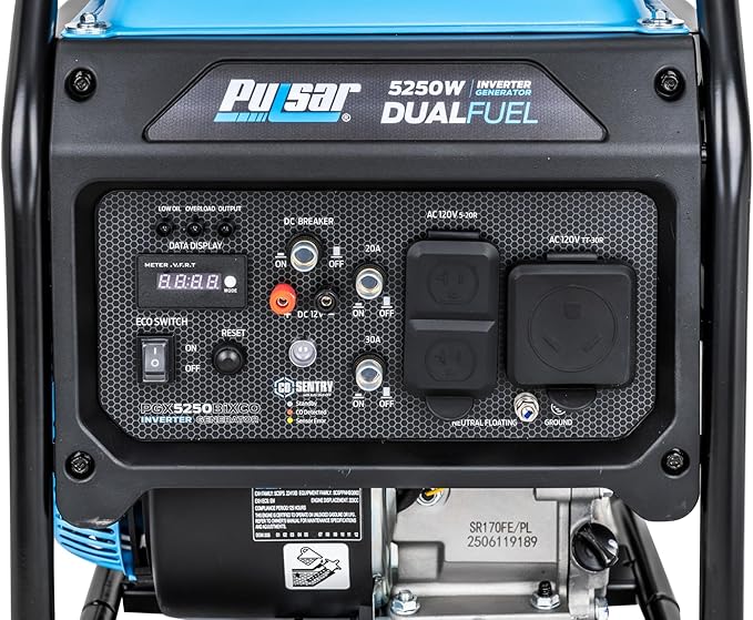 Pulsar PGX5250BiXCO 5250W Dual Fuel Inverter Generator – Gas &amp Propane CO Sentry RV Ready 30A Outlet Digital Display Portable Quiet Power for Home Backup Camping &amp Jobsite
