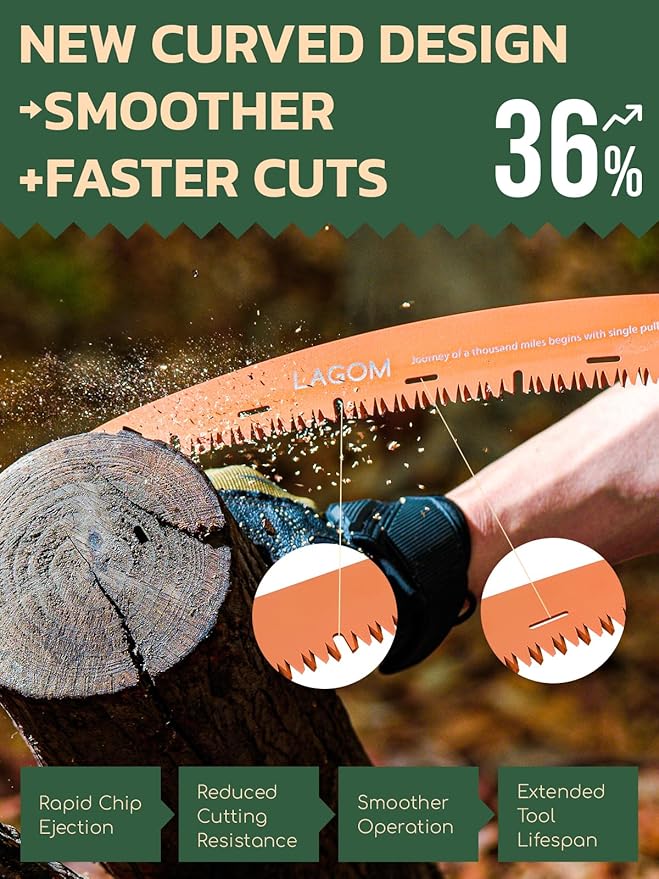 LAGOM Folding Camp Saw for Cutting Branches 11.4 Curved Blade | SK5 Steel Ergonomic Handle One-Hand Use Secure Lock | Foldable Pruning Tool for Camping Gardening Survival Kayaking Outdoors