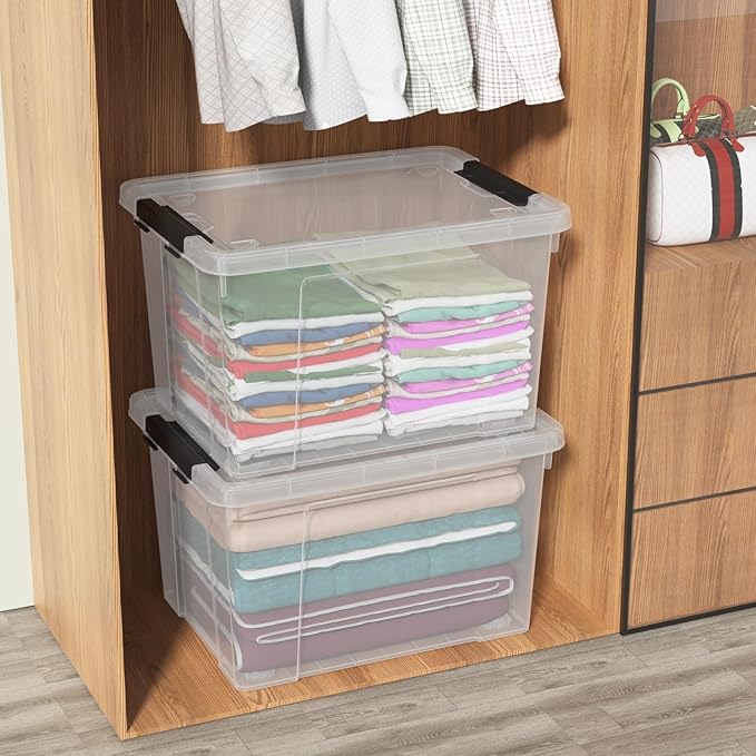4 Pack 50 Quart Plastic Storage Bins with Lids and Wheels Large Clear Plastic Storage Totes Stackable Organizer Containers for Garage Closet Pantry Home Office
