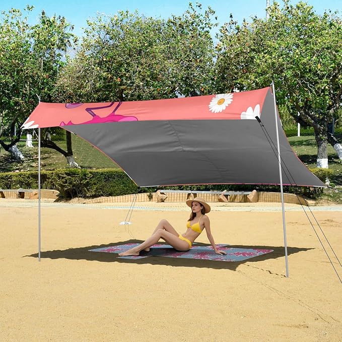 xigua Flamingos Beach Tent Sun Shelter with Carrying Bag - Silver Coated Oxford Fabric Beach Canopy for Beach Camping Fishing - Includes Windproof Ropes Sandbags &amp Stakes