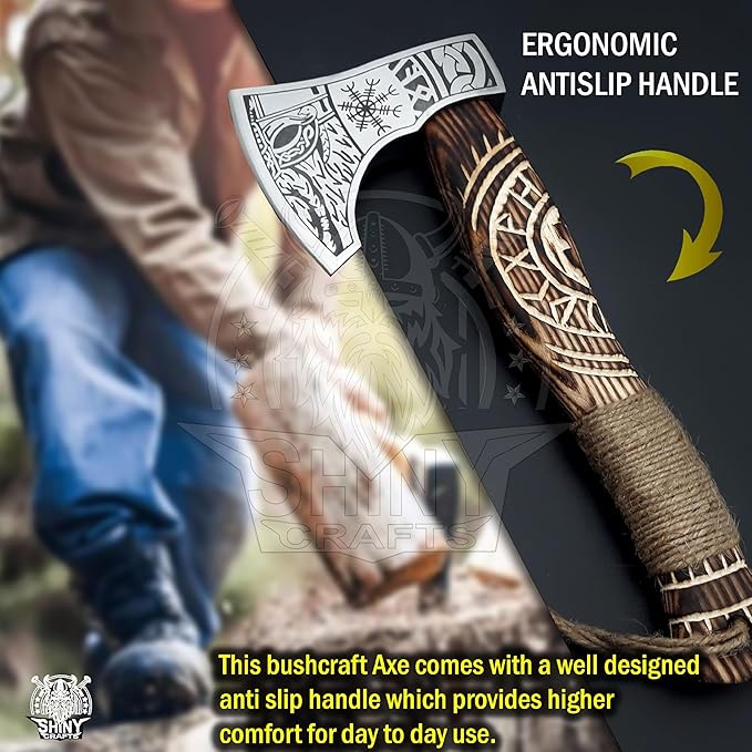 SHINY CRAFTS® Handcrafted Viking Axe – Engraved Nordic Blade with Wooden Handle Norse Bearded Hatchet for Men Unique Gift for Him Collectors Cosplay Camping Medieval Wall Decor (VBA-14)