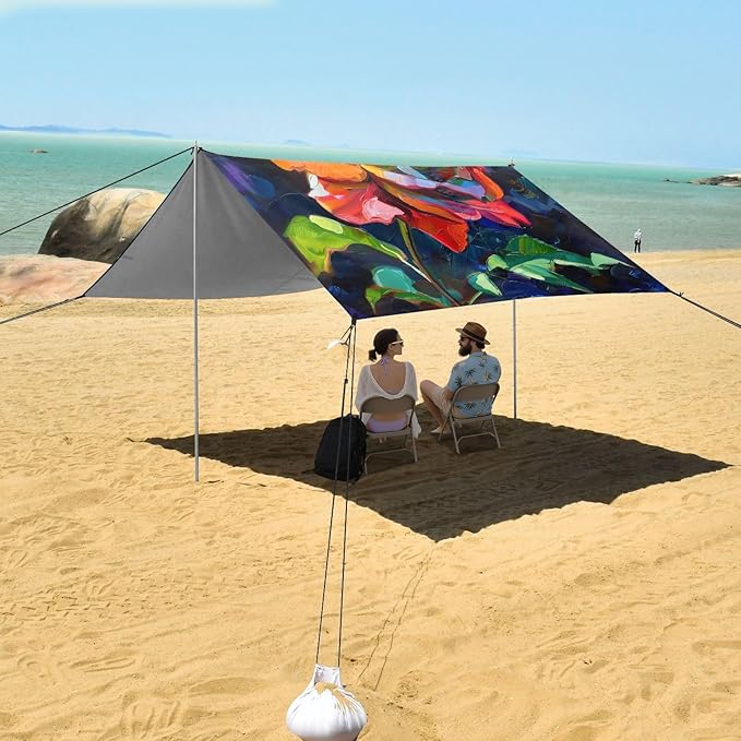 ALAZA Rainbow Rose Flower Painting Beach Tent Sun Shelter UPF50+ Protection Beach Shade Canopy w/ 4 Sandbags for Outdoor Camping Fishing Backyard Fun Picnic 10x9 ft