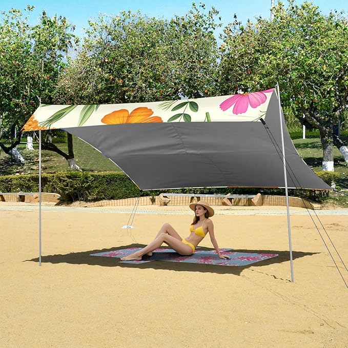 Beach Canopy with Windproof Ropes &amp Sandbags Beach Tent Sun Shade Sun Shelter for Camping Trips Fishing Backyard Fun or Picnics Flowers