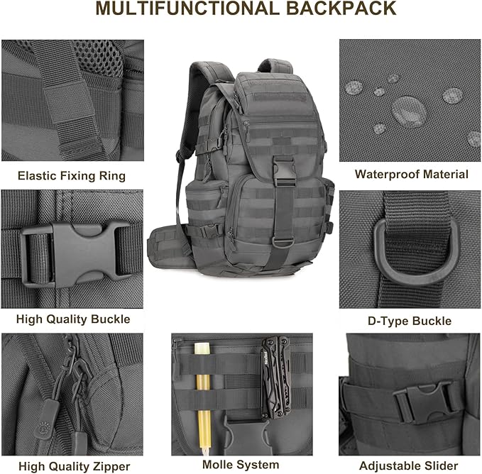 50L Military Tactical Backpack Molle Rucksack Large Army 3 Day Assault Pack Heavy Duty Backpack for Men (Grey)