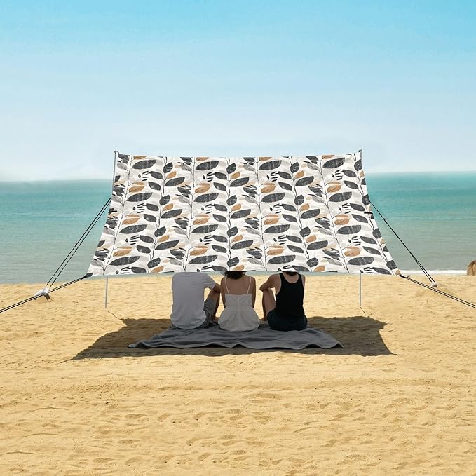 ALAZA Retro Leaf Beach Tent Sun Shelter UPF50+ Protection Beach Shade Canopy w/ 4 Sandbags for Outdoor Camping Fishing Backyard Fun Picnic 10x9 ft