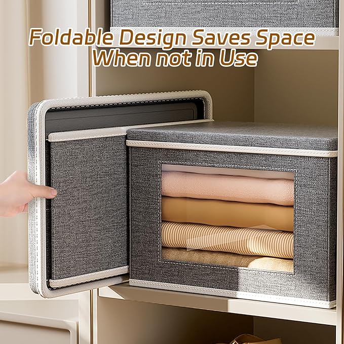 4-Pack Fabric Storage Bins with Lids Collapsible Closet Storage Bins with Clear Window Large Storage Boxes with Handles Closet Organizers for Shelves Wardrobe Grey 15×9.8×9.8