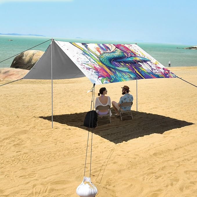 Funny Mermaid1 Foldable Beach Tent UPF50 Water-Resistant Sun Shelter with Sand Shovel Sandbags for Family Trips Picnics &amp Camping