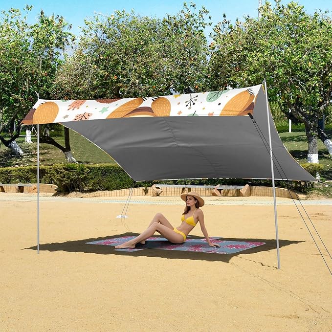 Playful Sloth Beach Tent Sun Shelter Set UPF50+ UV Protection 10.5 x 9.19 FT Camping Shade Canopy with Sandbags Sand Anchors Carrying Bag and Others