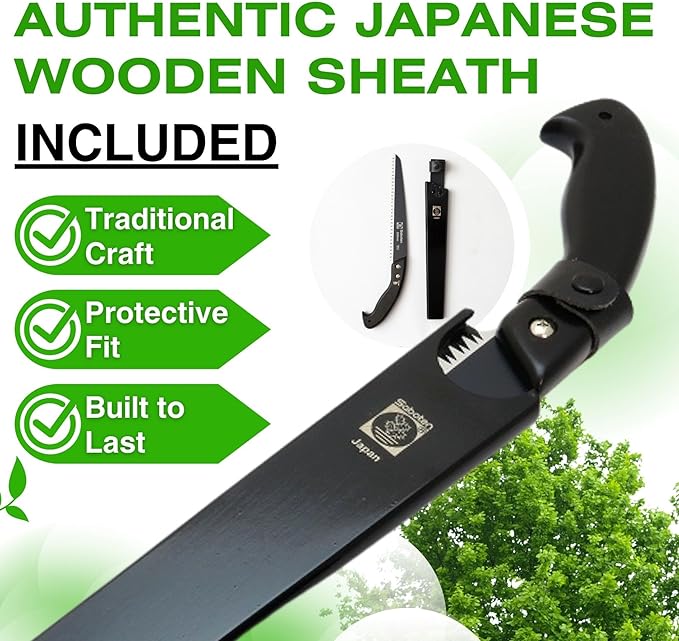 Saboten Japanese Pruning Saw 9.4 in (240mm) – Fluorine-Coated High-Carbon Steel Blade 7.5mm Tooth Pitch Smooth Pull Cuts Wooden Handle Wood Sheath Included Made in Japan