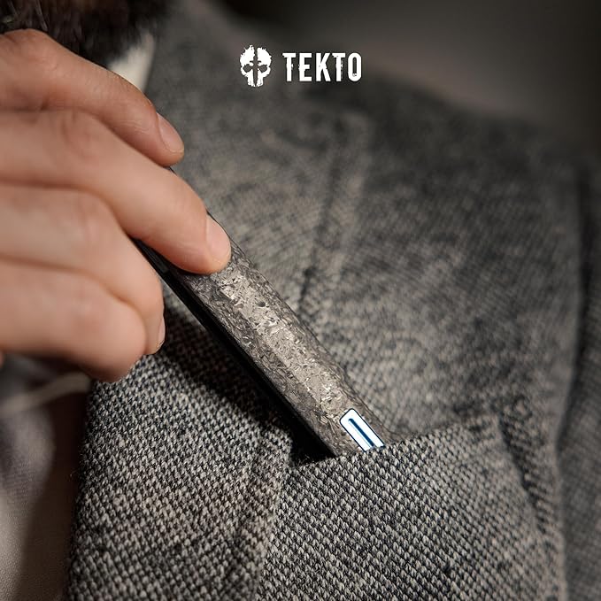 TEKTO F2 Bravo Folding Pocket Knife - D2 Steel Blade Ceramic Ball Bearings - EDC - Snap Swift Flip for Camping Backpacking - 2.4oz (68g) G10 Forged Carbon Handle Blue Titanium Accents