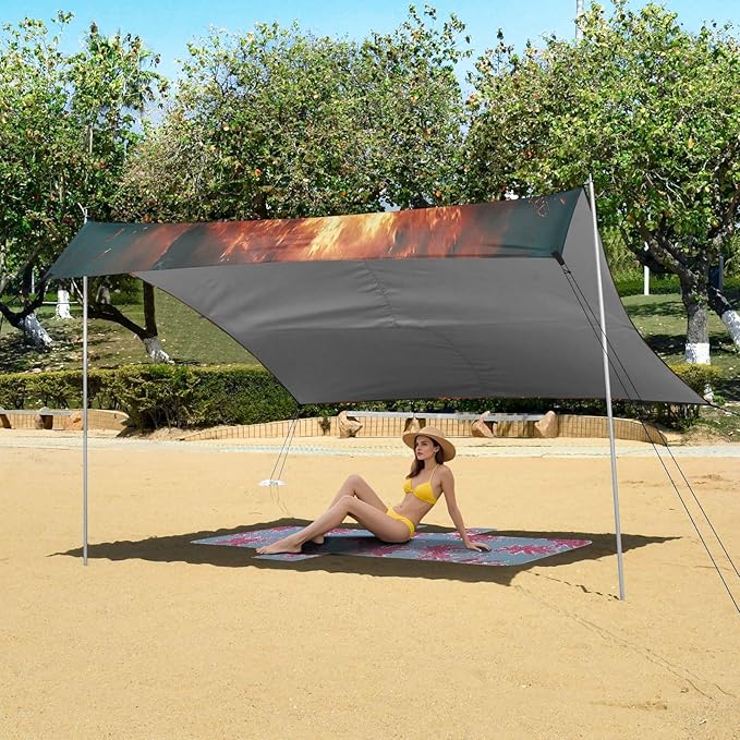 Flaming Guitar Skull Rock Beach Tent Sun Shelter Set UPF50+ UV Protection 10.5 x 9.19 FT Camping Shade Canopy with Sandbags Sand Anchors Carrying Bag and Others