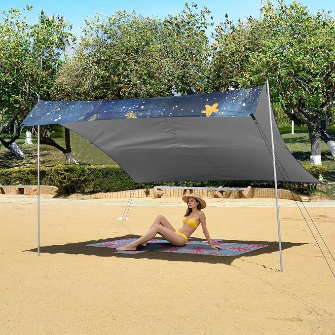 Cute Moon and Star Foldable Beach Canopy UPF50+ Easy Setup Large Portable Sun Shelter with Sand Shovel Sandbags for Camping Picnics Backyard