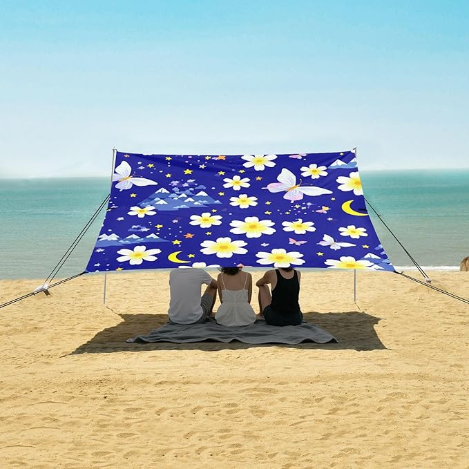 Beach Canopy with Windproof Ropes &amp Sandbags Beach Tent Sun Shade Sun Shelter for Camping Trips Fishing Backyard Fun or Picnics Flowers