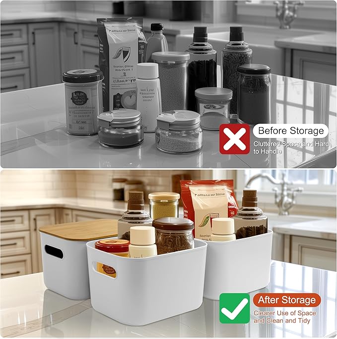 Soddeph 4 Packs Storage Bins with Lids Stackable Plastic Containers with Handles for Organizing Desktop Closet Playroom Office (White)