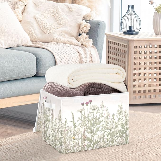 Kigai Collapsible Herbal Wildflowers Storage Basket with Lids and HandlesStorage Bins for Shelves Closet BedroomOffice Storage