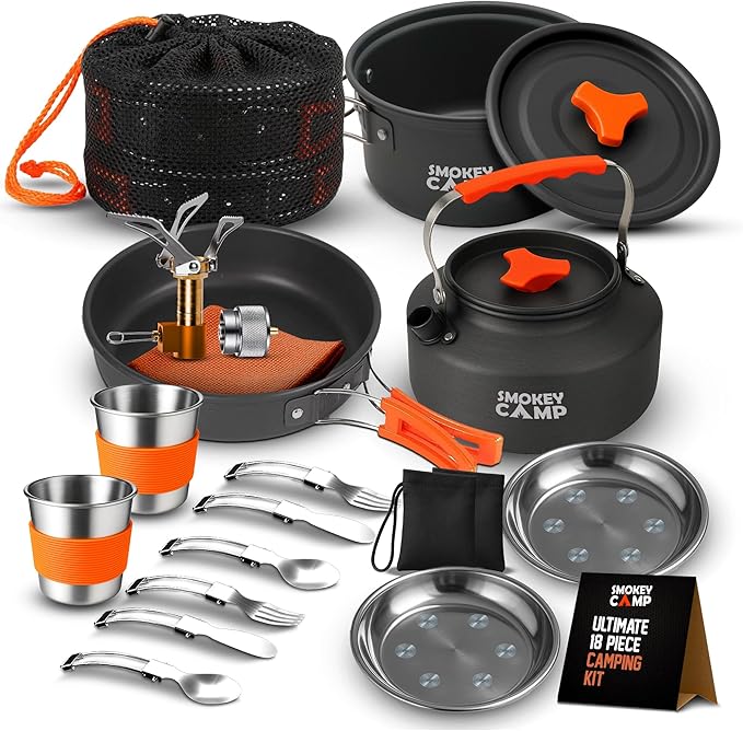 Smokey Camp Camping Cookware Mess Kit Set with Stove - Backpacking Camping Pots and Pans Set All in One Non-Stick Camping Cooking Set Portable Stove Hiking Picnic Outdoor &amp Camping Cookware S