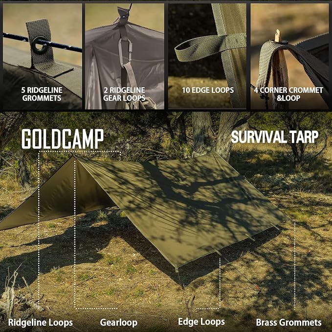 GOLDCAMP Waterproof Camping Tarp70D Nylon 10X10FT Hammock Rain Fly UV 50+ and PU15000mm Tent Tarp Shelter CanopyHeavy Duty Multifunctional Sun Shade or Rain Fly Essentials for Hiking Backpacking