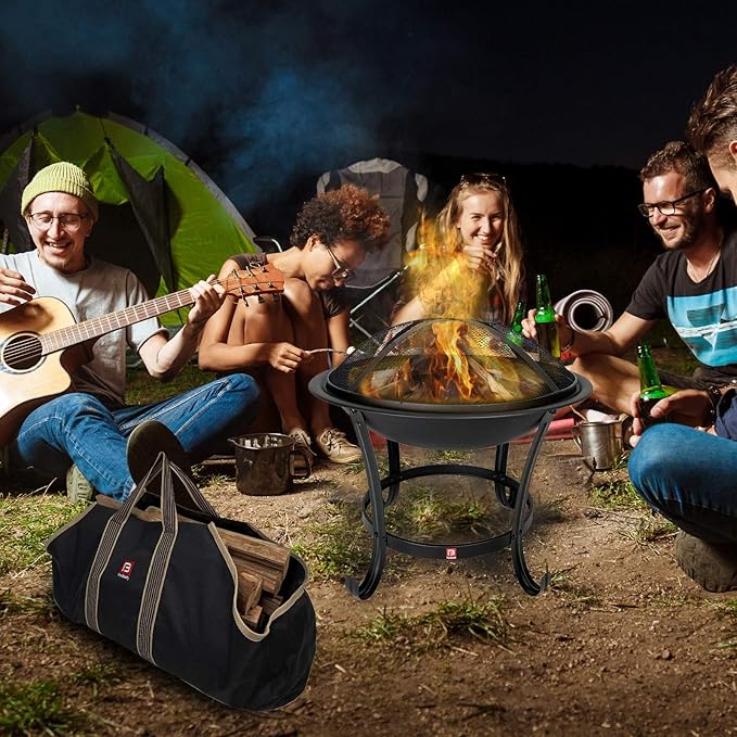 FireBeauty Fire Pit BBQ Grill Pit Bowl with Mesh Spark Screen CoverPoker (Includes Tote Bag)