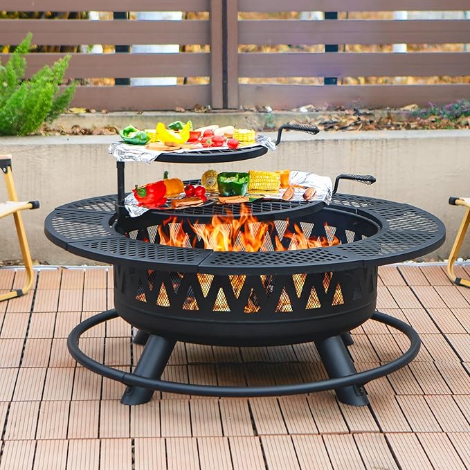 42 Inch Fire Pit with 2 Grills Large Outdoor Firepits for Outside Wood Burning Fireplace for CampingPicnicBonfire 3-in-1 Round Metal Table with Lid for BackyardPatioParty