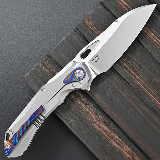 Sitivien ST276 Folding Knife M390 Steel Blade Titanium and Timascus Inlaid Handle Knife with Safety Lock Frame Lock for Outdoor Camping Hiking Survival